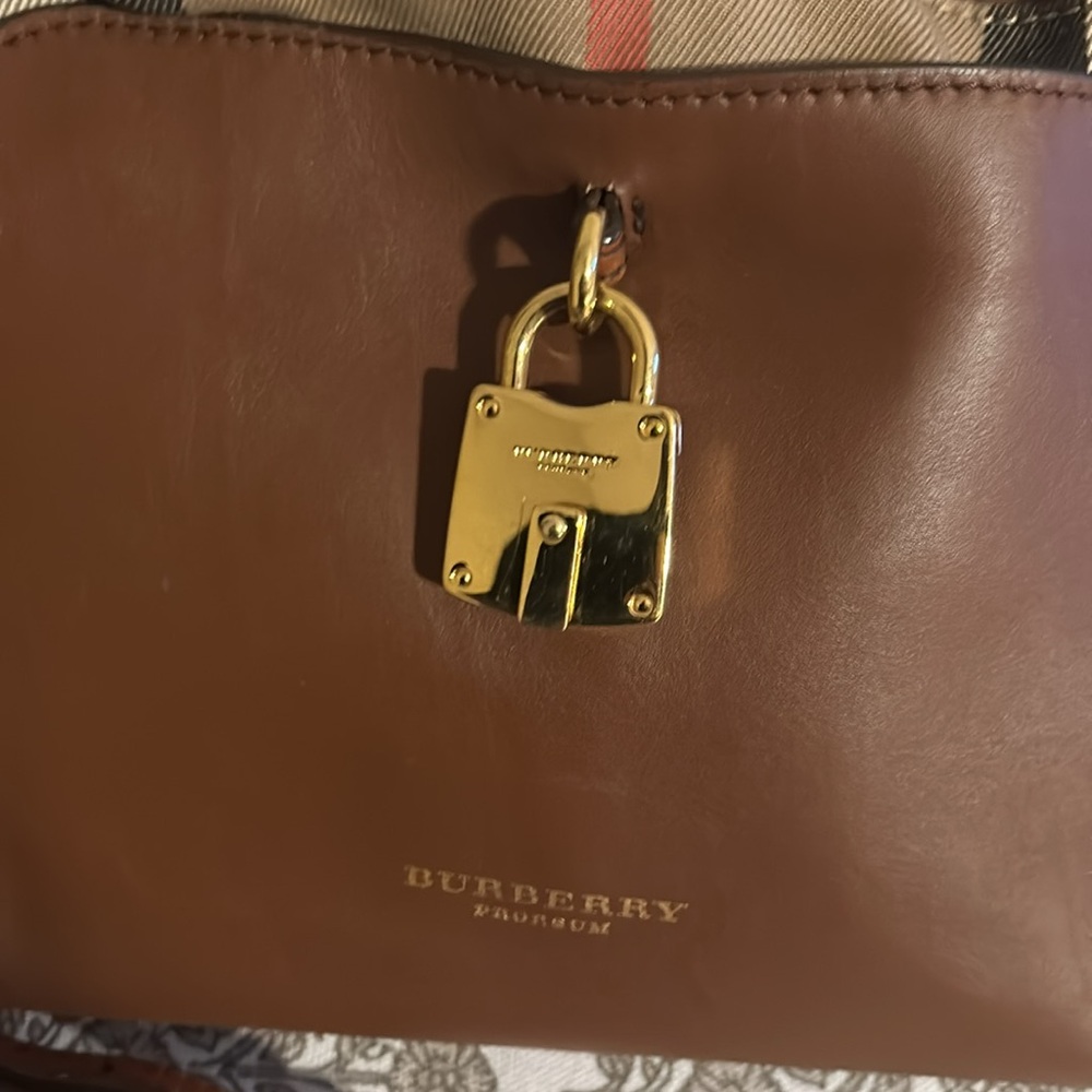 Burberry Brown Leather Drawstring Crossbody with Check Trim - Picture 3 of 16